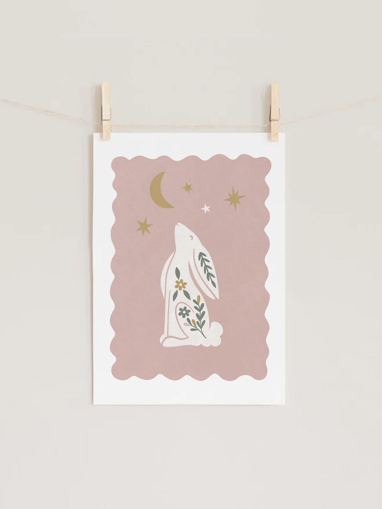 Folk Hare Dusty Pink Kids Nursery Wall Art Print