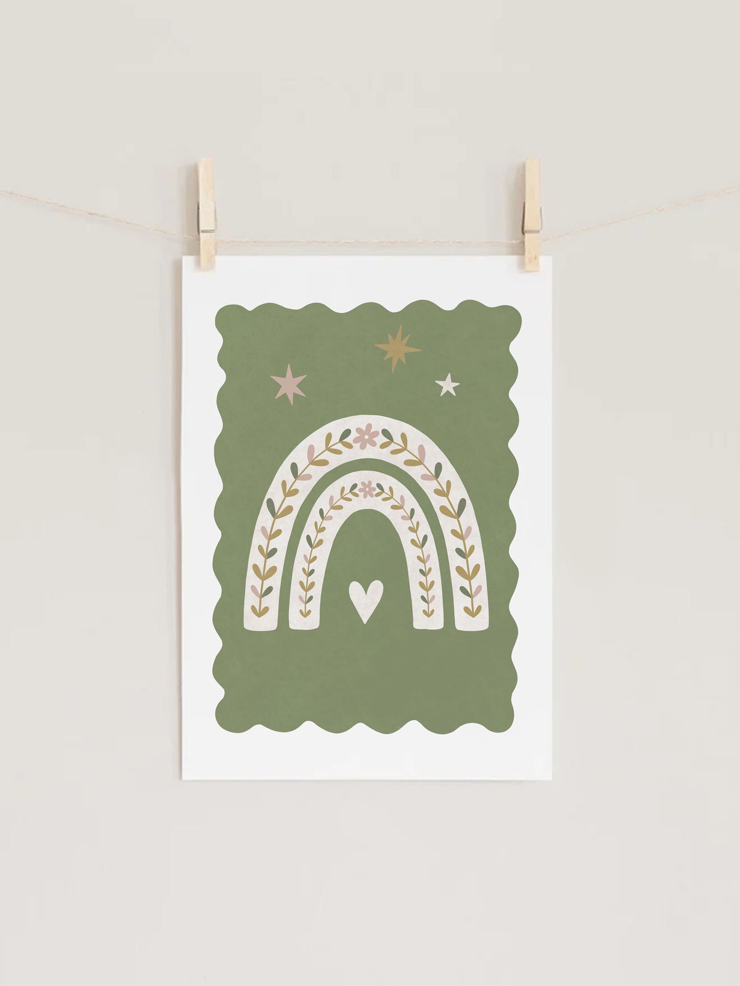 Folk Rainbow Pond Green Kids Nursery Wall Art Print