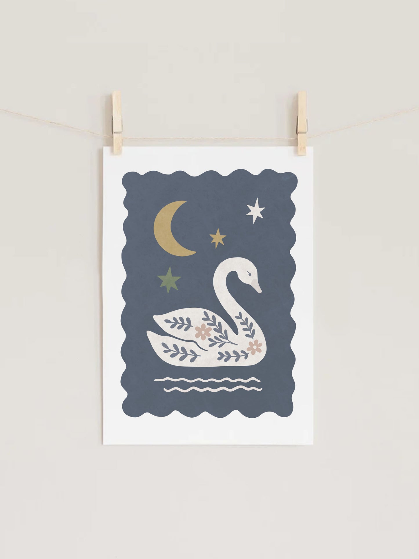 Folk Swan Dusk Blue Kids Nursery Wall Art Print