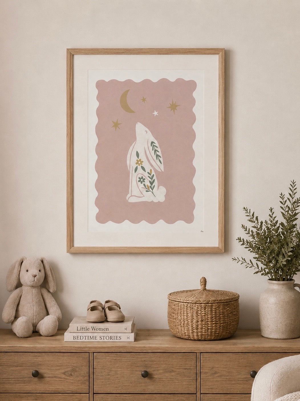 Folk Moon Bunny Dusty Pink Kids Nursery Wall Art Print