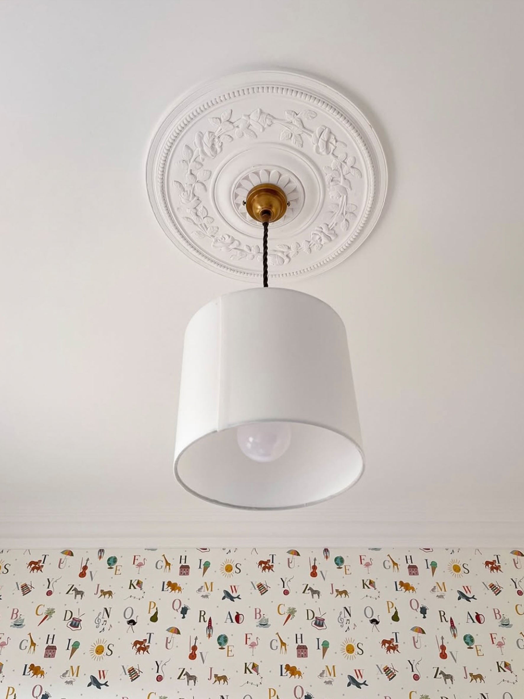 Ducks In A Row ABC Kids Luxury Wallpaper with white ceiling and ornate light fitting