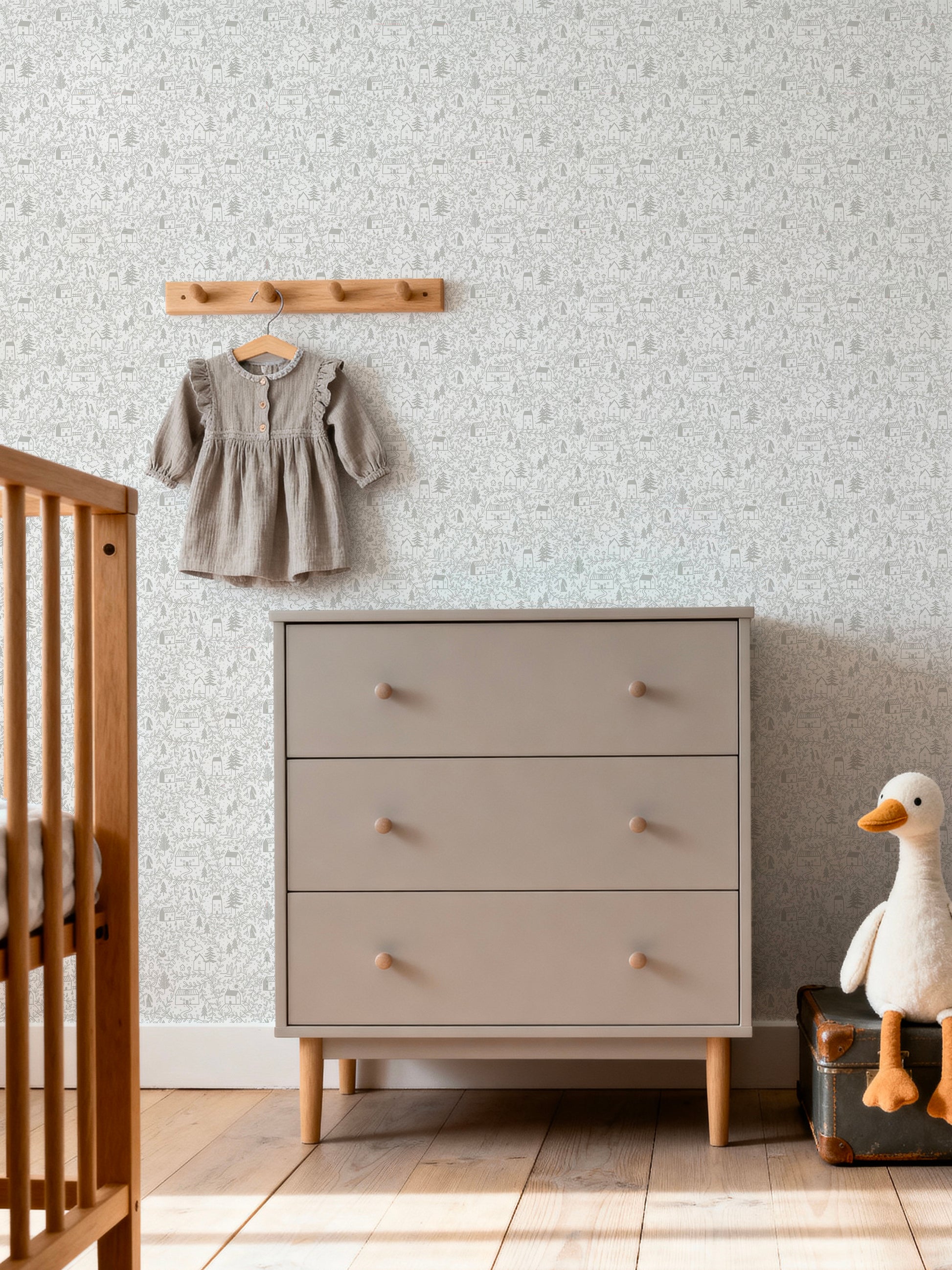 Scandi Kids Nursery with Ducks In A Row Cottages in the Woods wallpaper