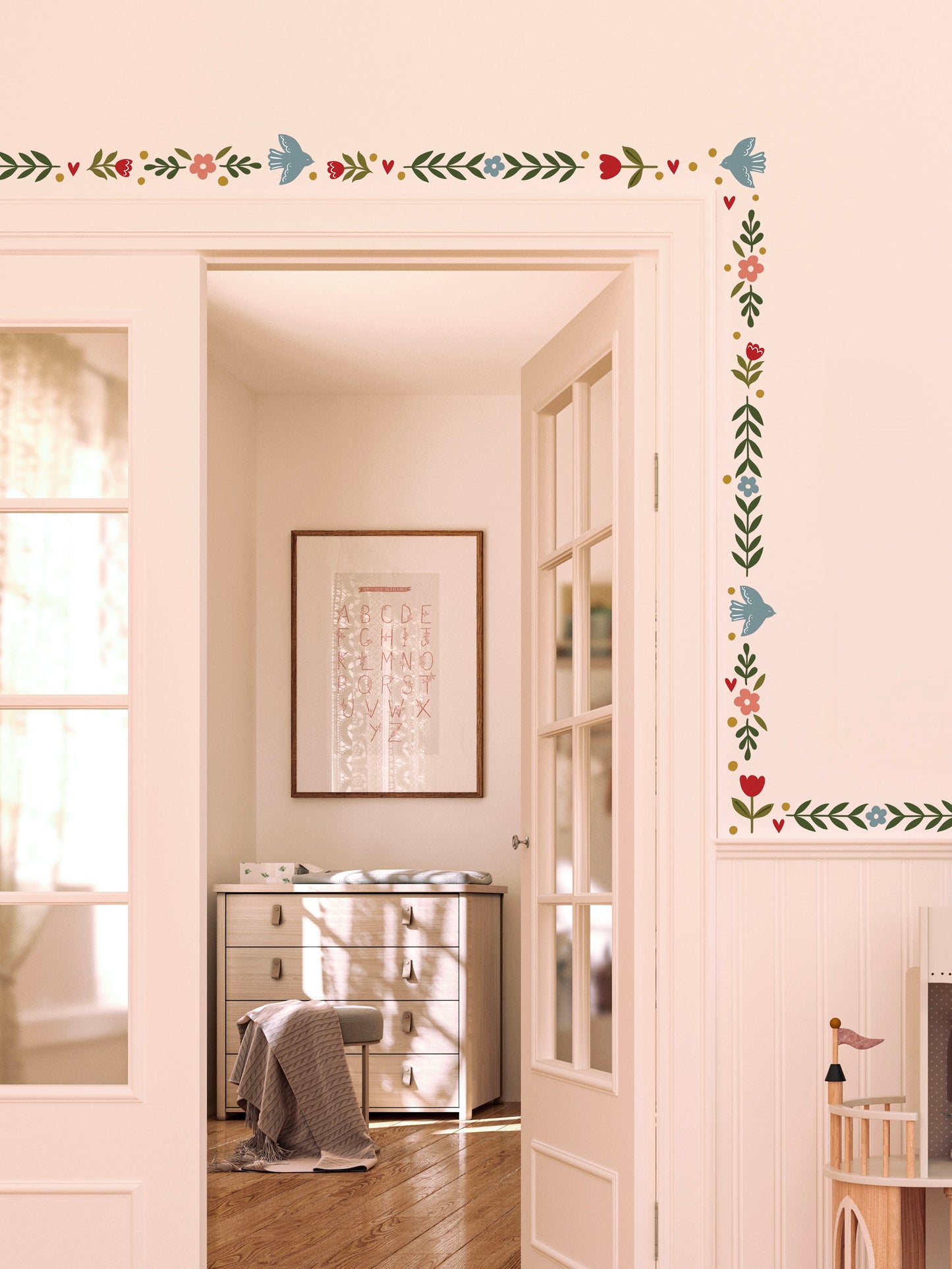 Ducks In A Row Scandinavian Folk style fabric wall stickers featuring birds and leafy foliage perfect for a border feature in a girls bedroom