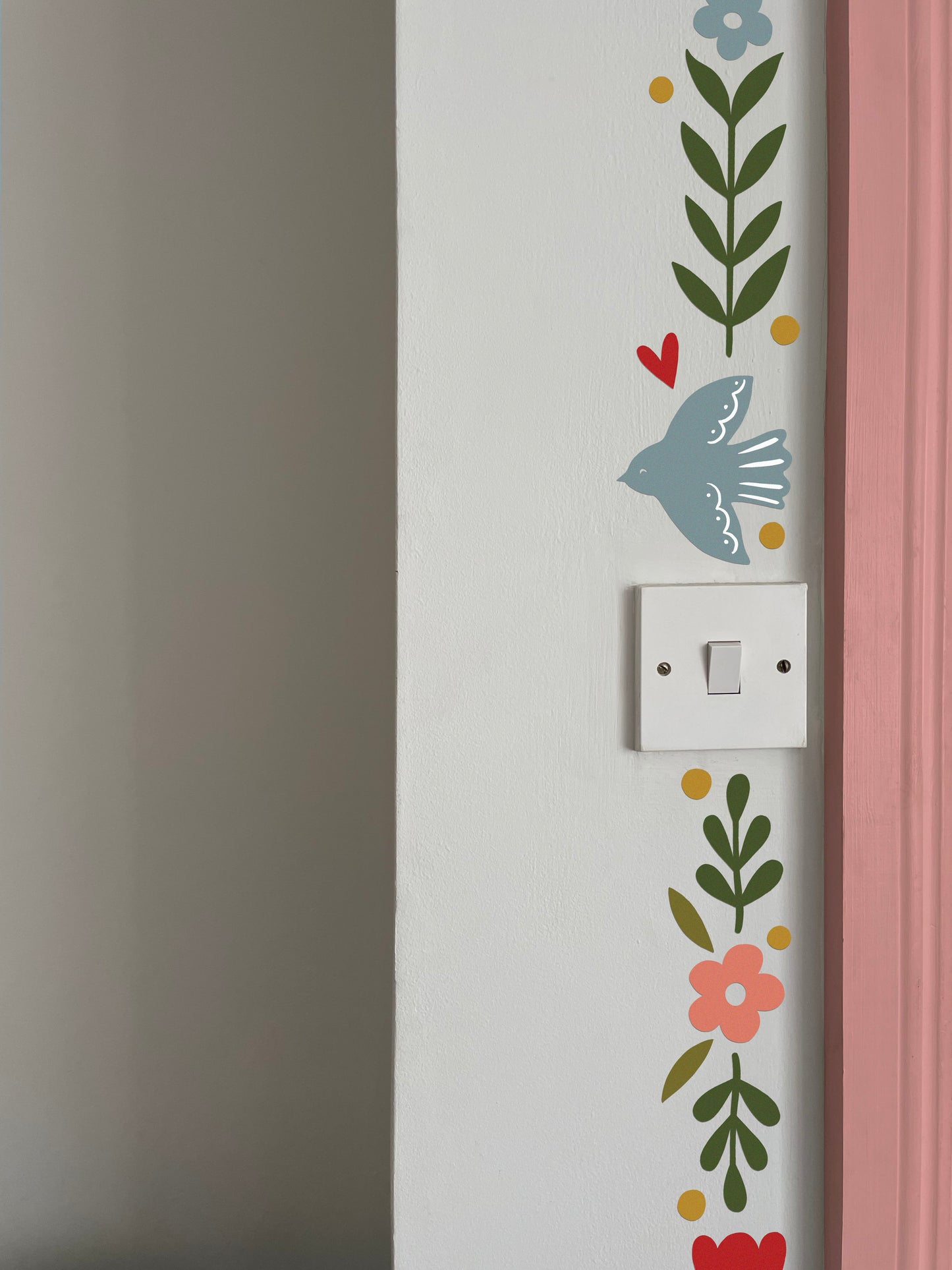 Ducks In A Row Scandinavian Folk style fabric wall stickers featuring birds and leafy foliage perfect for a border feature in a girls bedroom