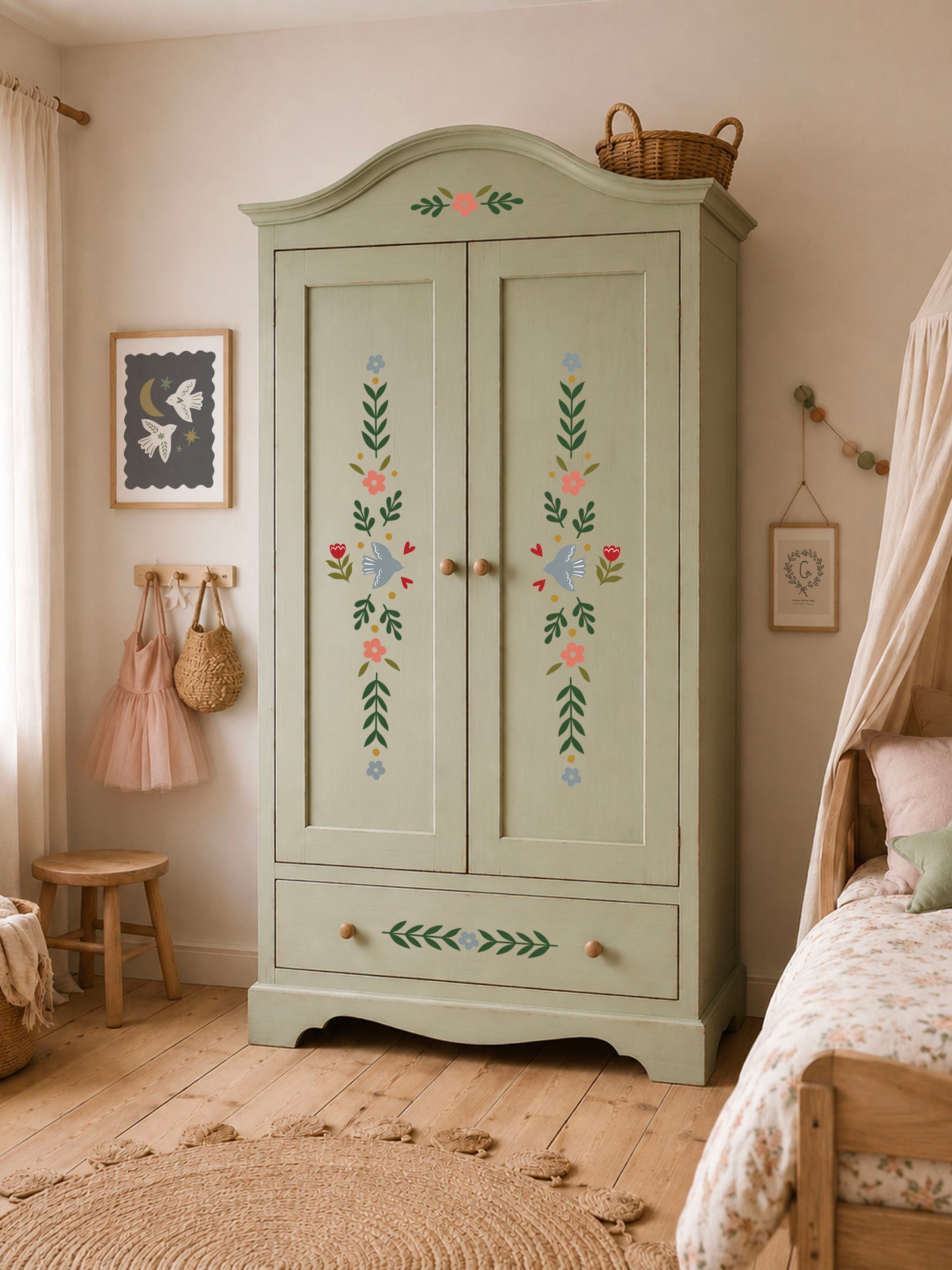 Folk Bird Fabric Wall Stickers