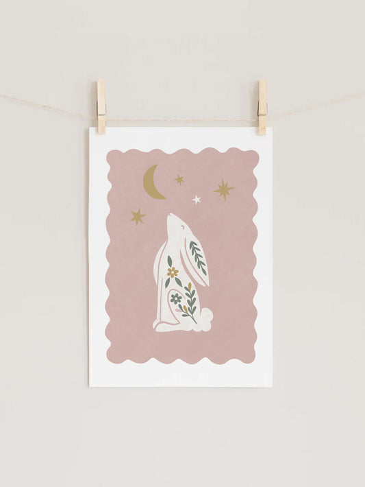 Folk Moon Bunny Dusty Pink Kids Nursery Wall Art Print