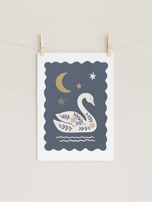 Folk Swan Dusk Blue Kids Nursery Wall Art Print