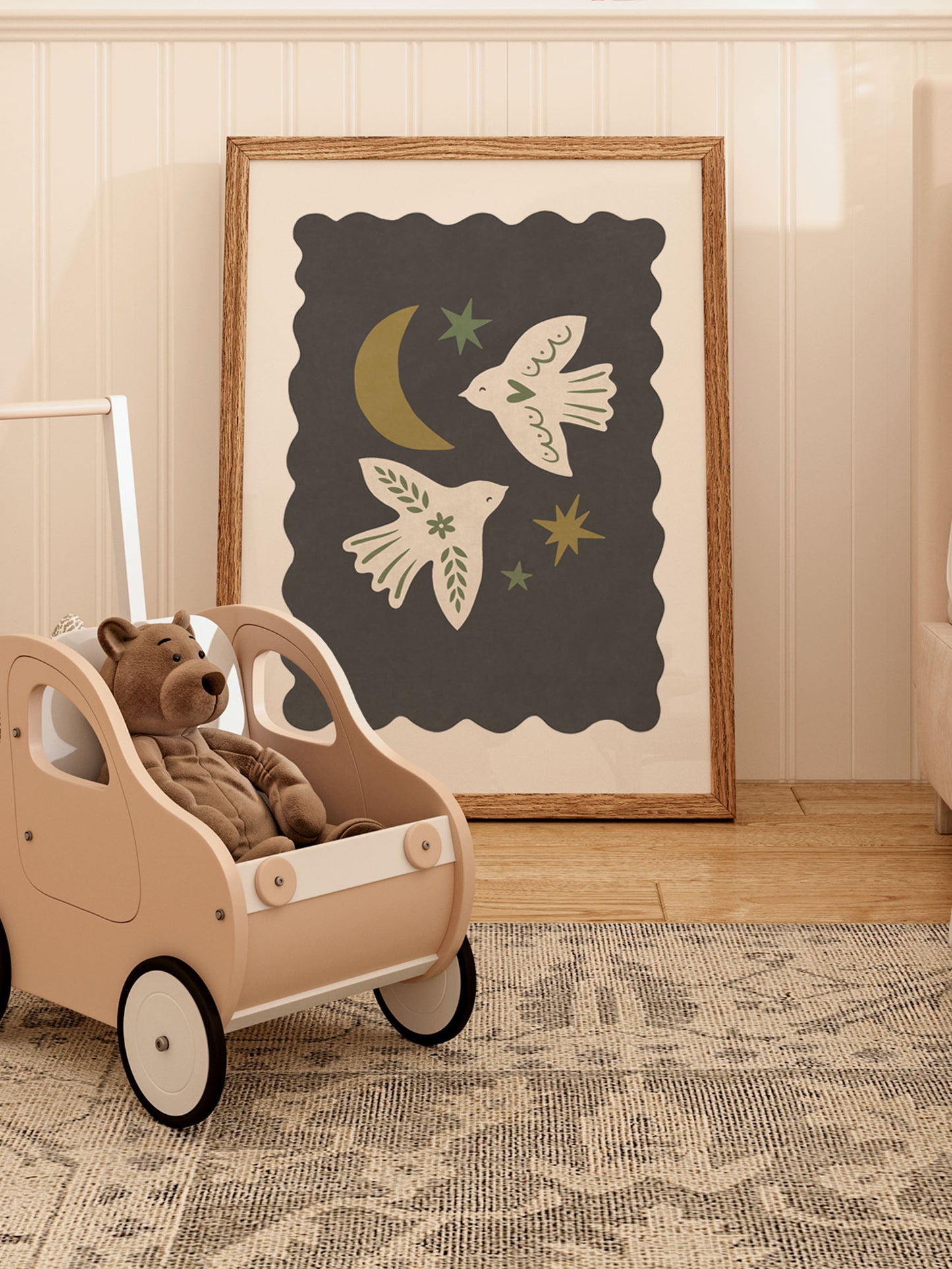 Folk Birds Charoal Grey Kids Nursery Wall Art Print