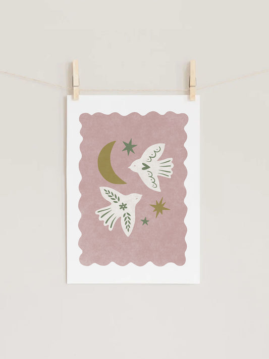 Scandi Birds Dusty Pink Kid's Nursery Wall Art Print