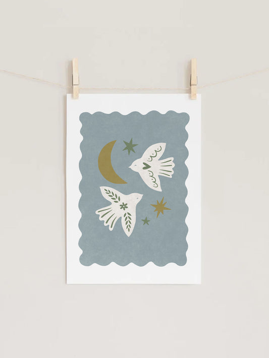 Scandi Birds Blue Mist Kid's Nursery Wall Art Print