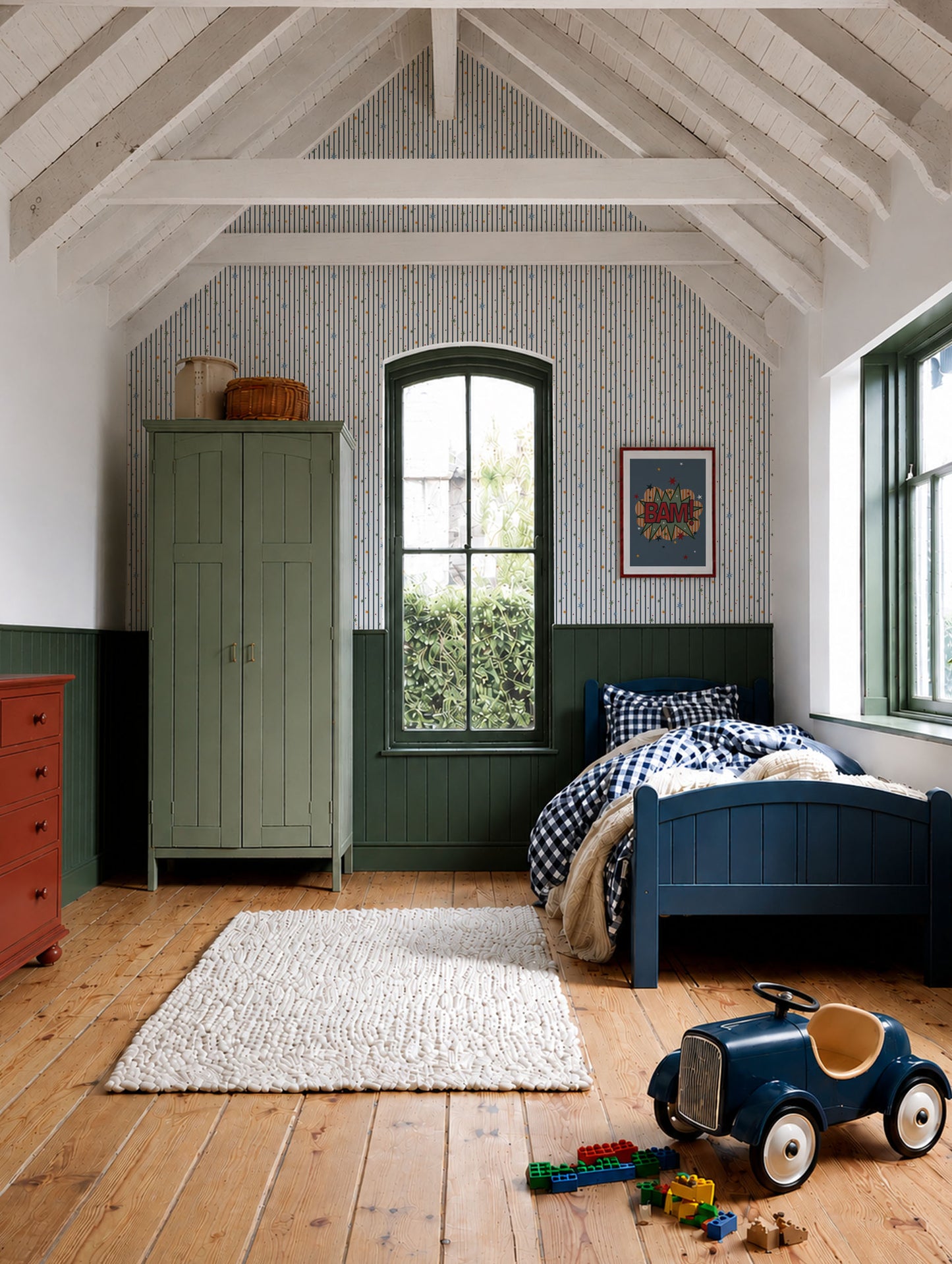Boys Retro Bedroom with Stripe Wallpaper, retro toy car, red chest if drawers, blue check gingham bedding