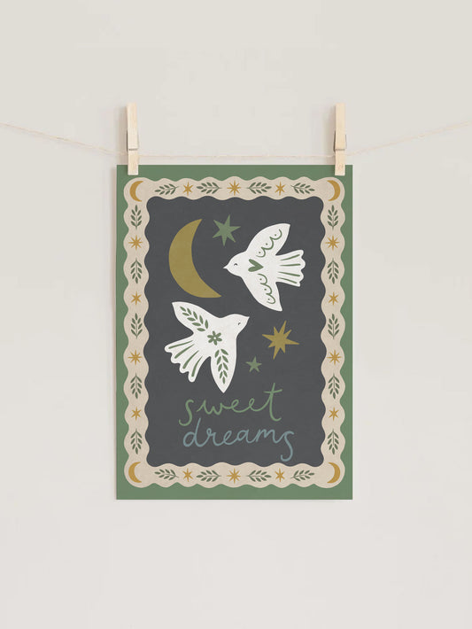 Sweet Dreams Folk Birds Nursery Wall Art Print