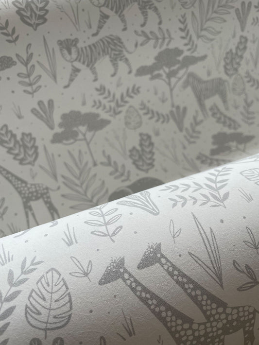 Wild Safari Luxury Children's Wallpaper ~ Grey