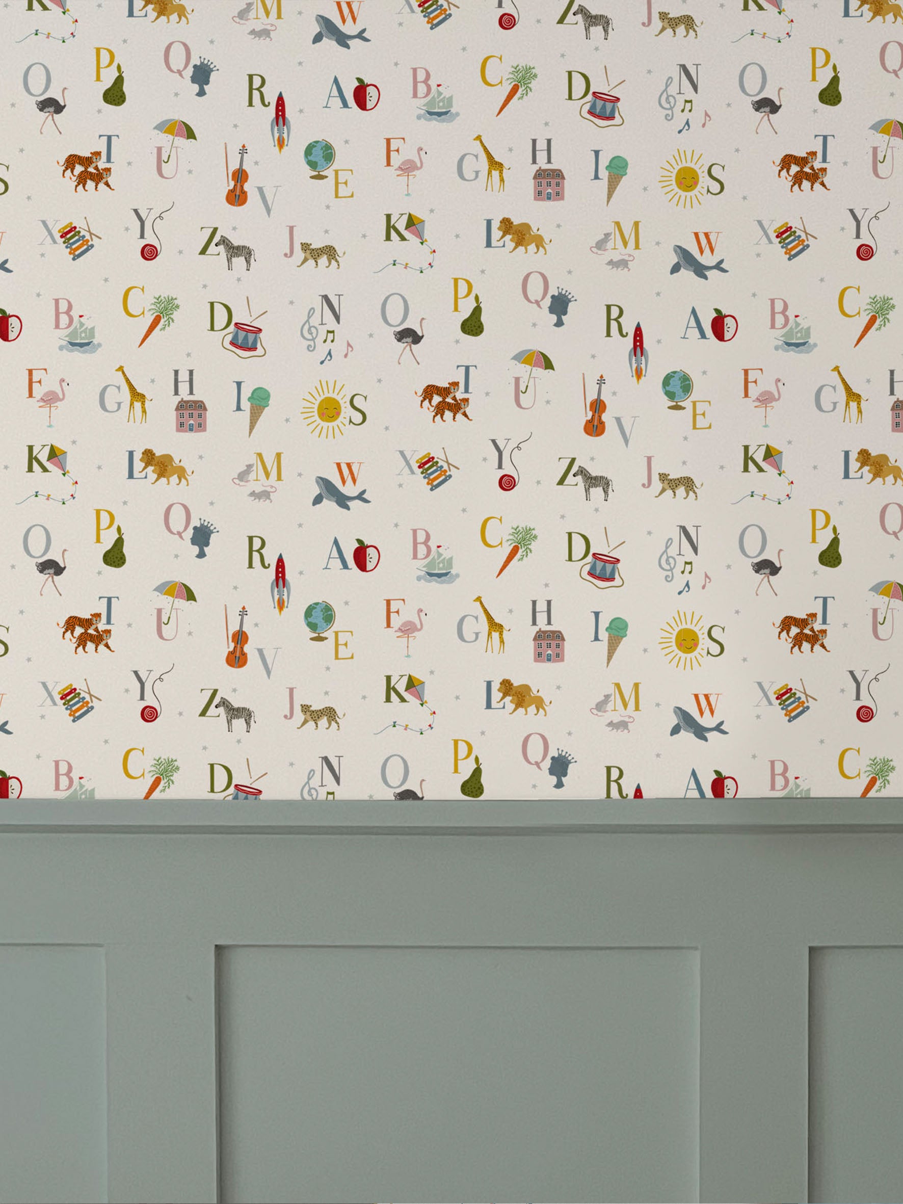 ABC luxury children's wallpaper above blue grey wall panelling