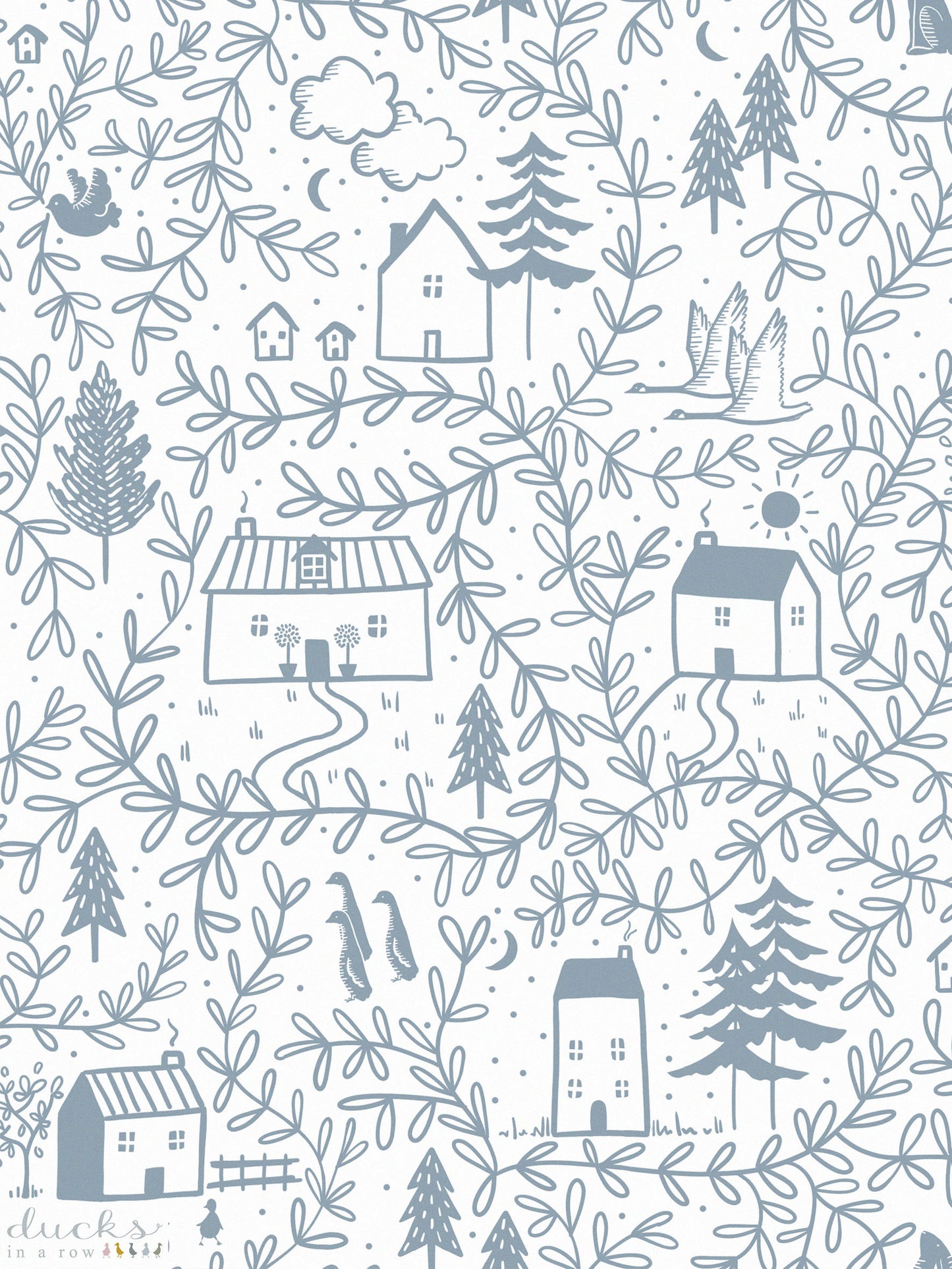 Luxury Children's wallpaper featuring cottages, trees, sunshine, ducks, geese and more