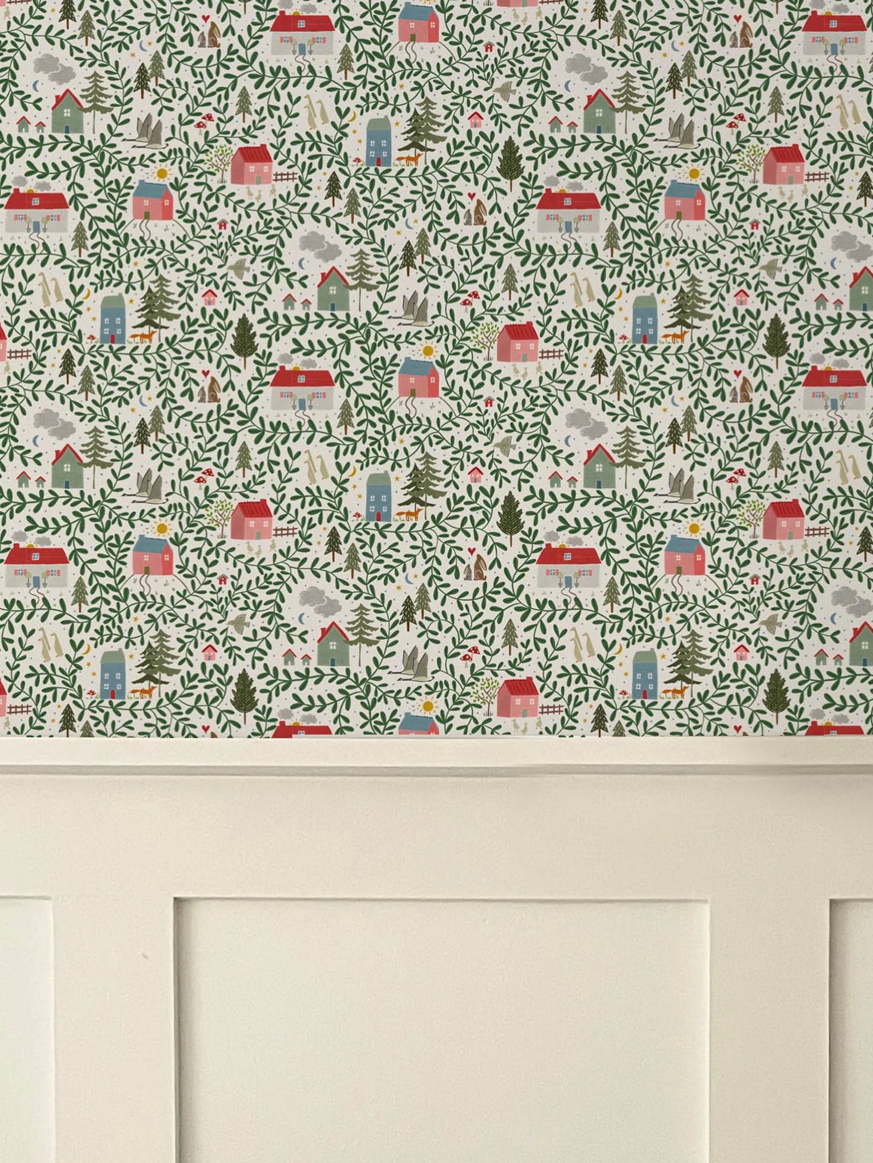 English country cottages luxury children's wallpaper above white wall panelling