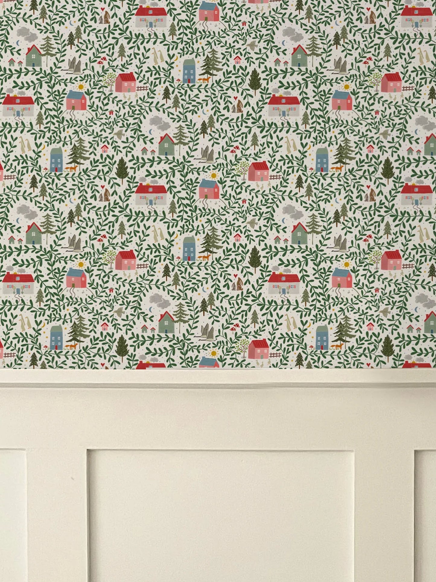 English country cottages luxury children's wallpaper above white wall panelling
