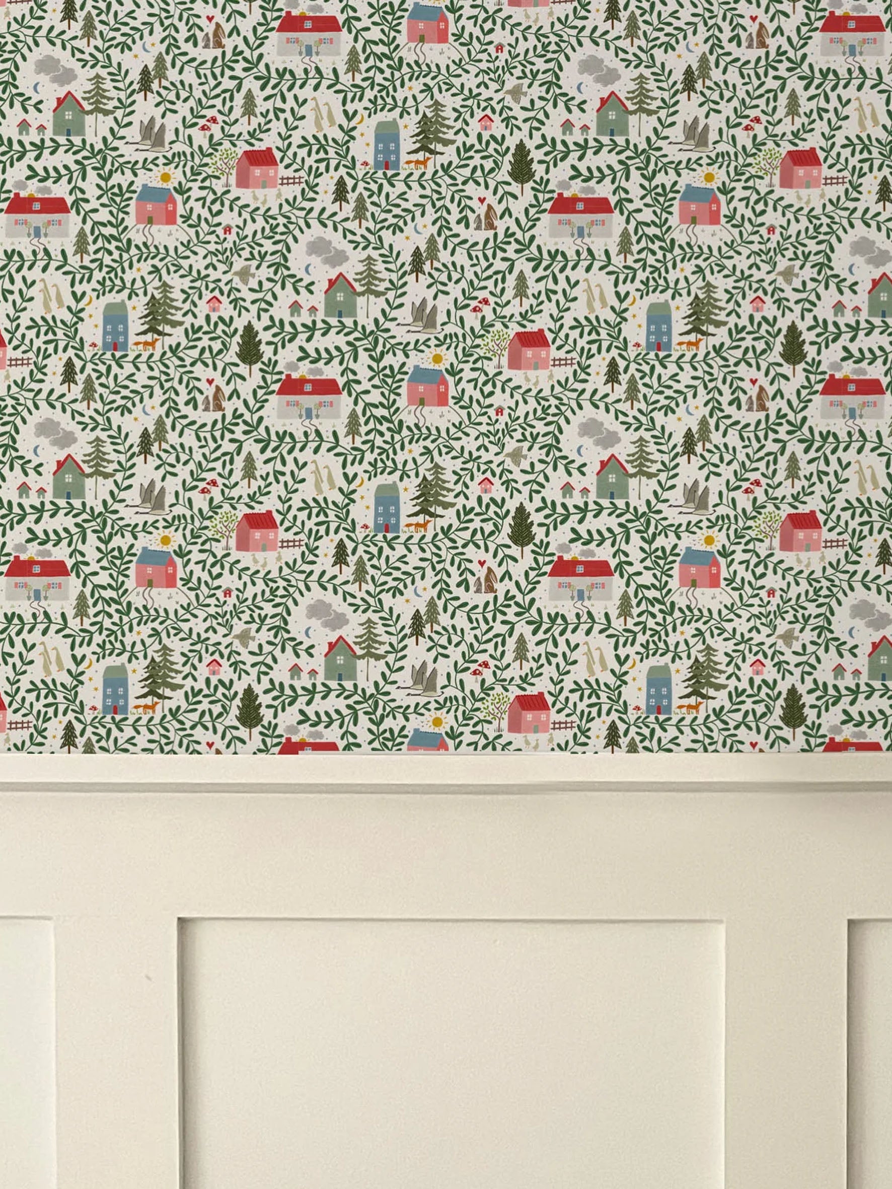 English country cottages luxury children's wallpaper above white wall panelling