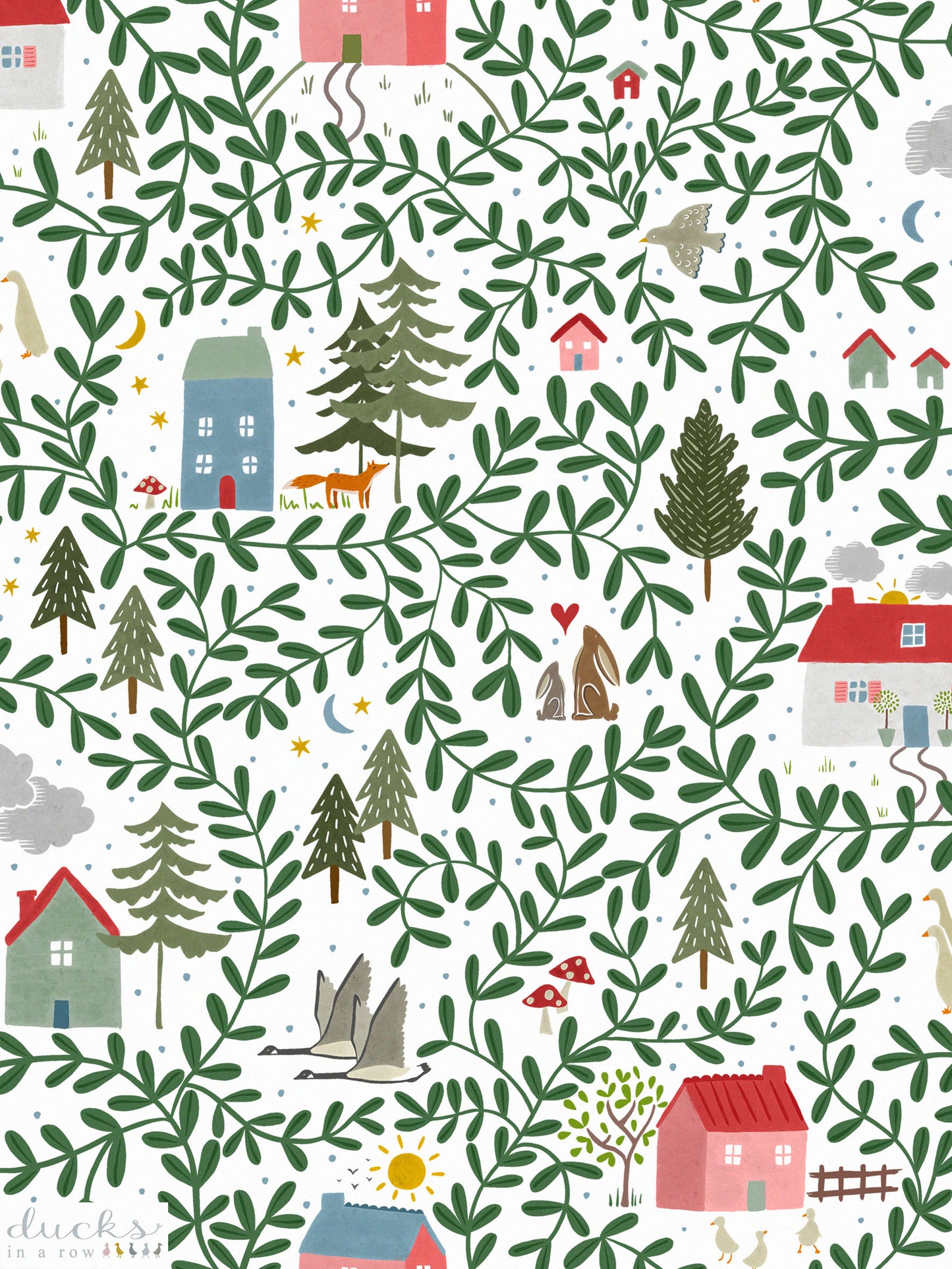 Children's luxury wallpaper with English country cottages, Woodland animals, Trees