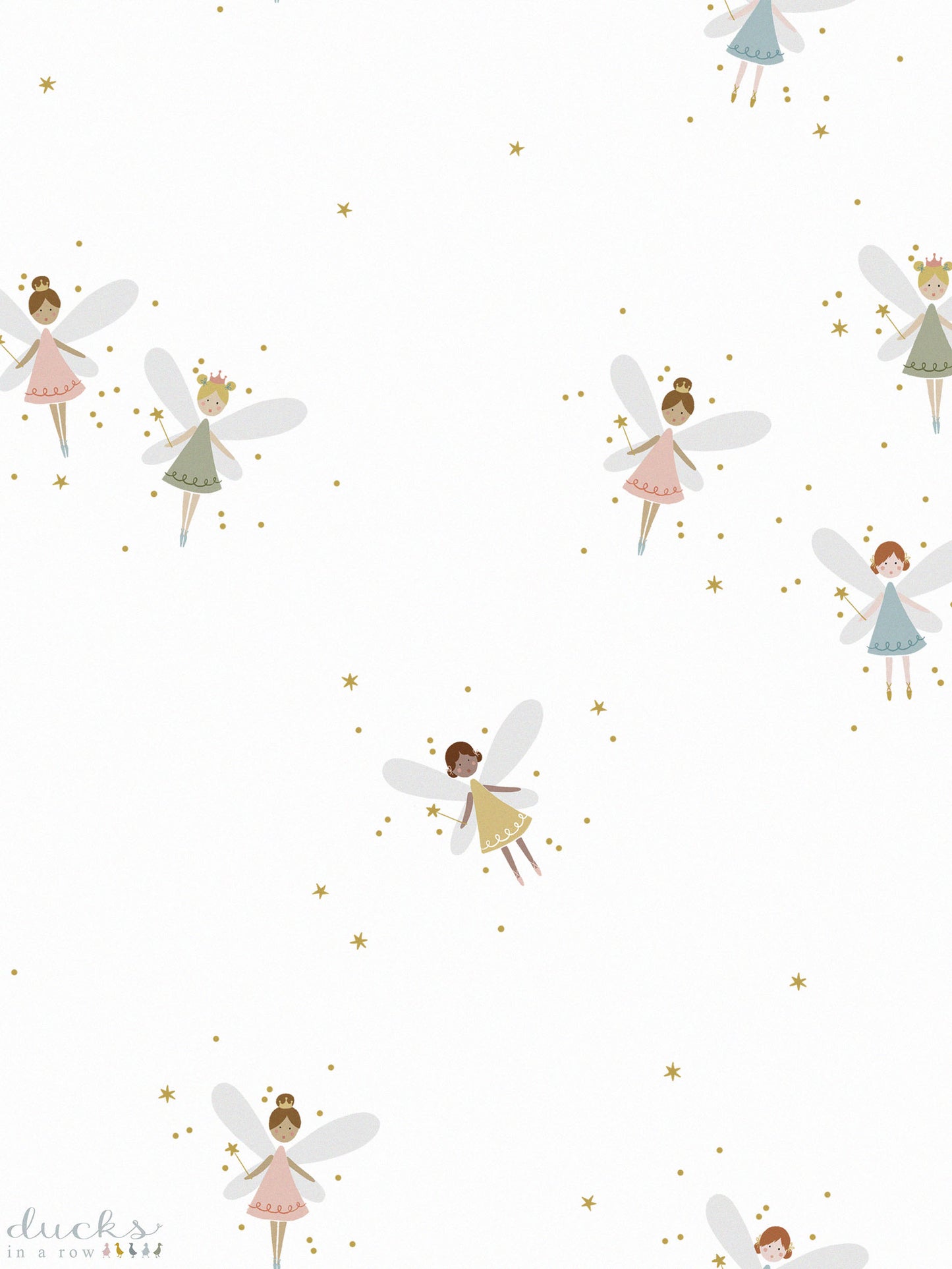 Luxury Children's wallpaper featuring illustrated fairies with pink, green, yellow and blue dresses and fairy dust