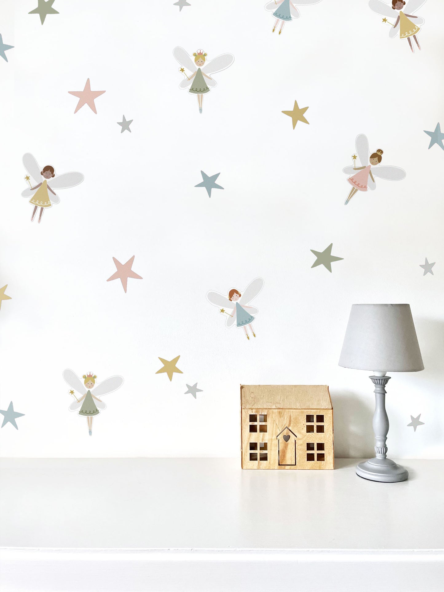 Kids Fairy Wall Stickers in Scandi style bedroom with Lamp