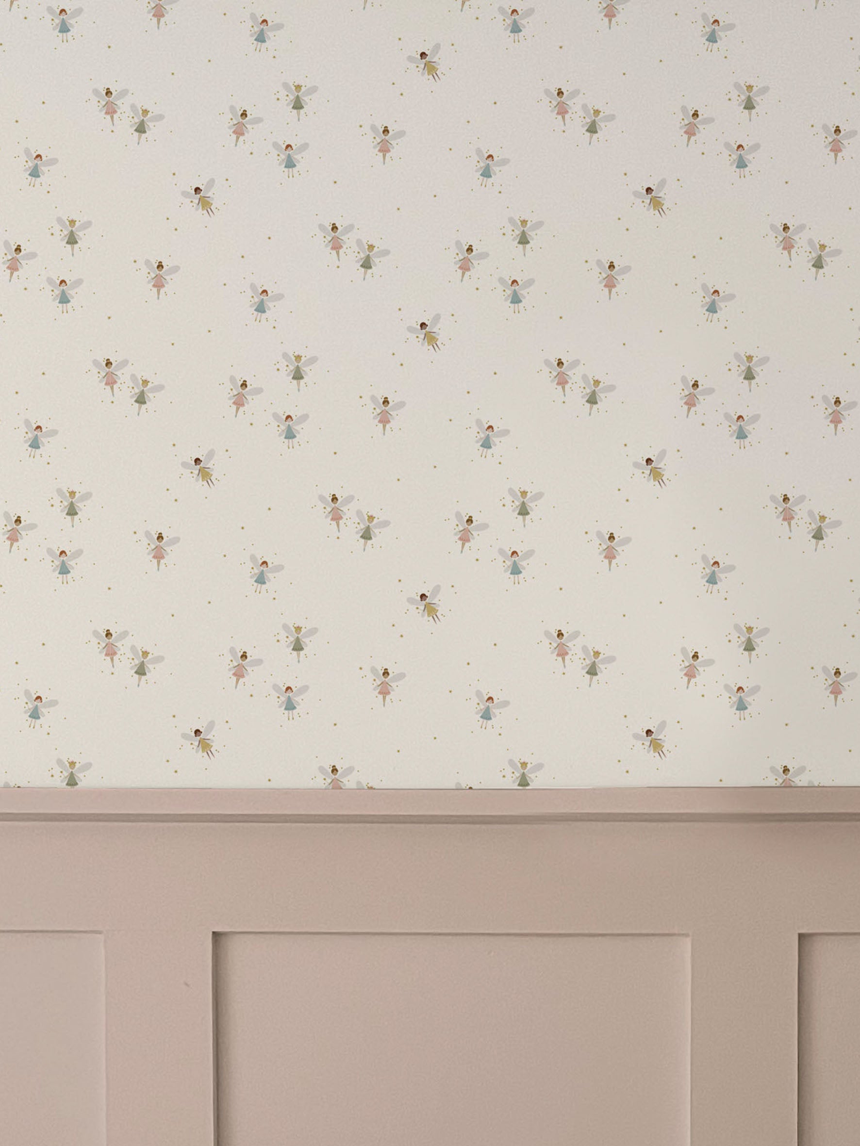 Fairy Dust Luxury Children's wallpaper above dusty pink wall panelling