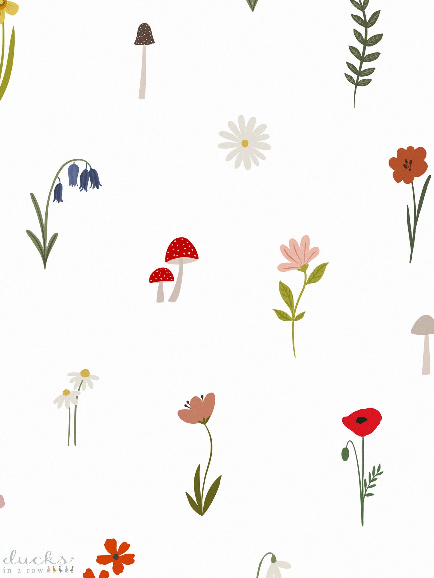 Forest Flower Luxury children's wallpaper design featuring whimsical flowers, daisies, bluebells, toadstools, poppys and more