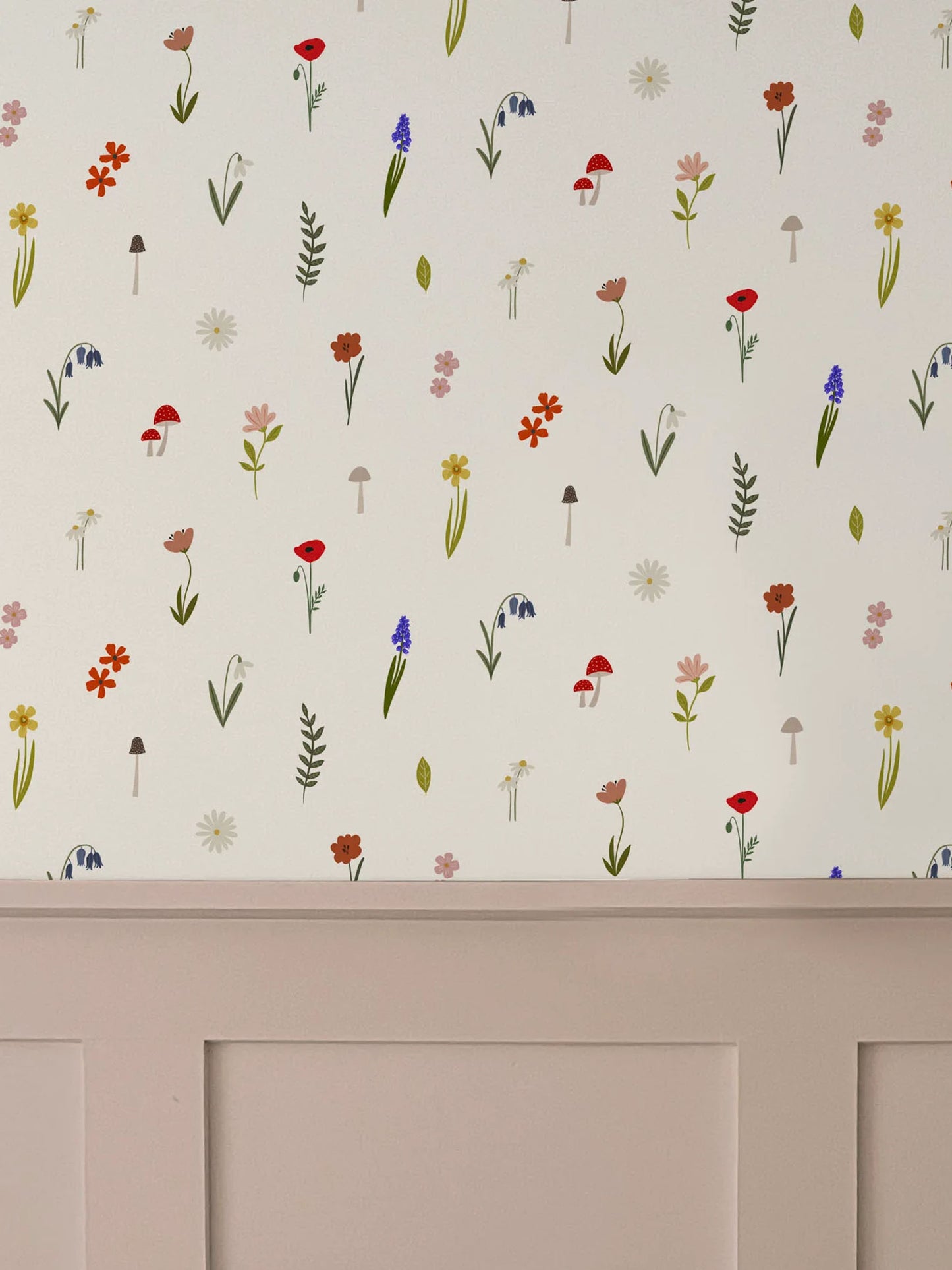 Forest Flower Luxury Children's Wallpaper above dusty pink wall panelling
