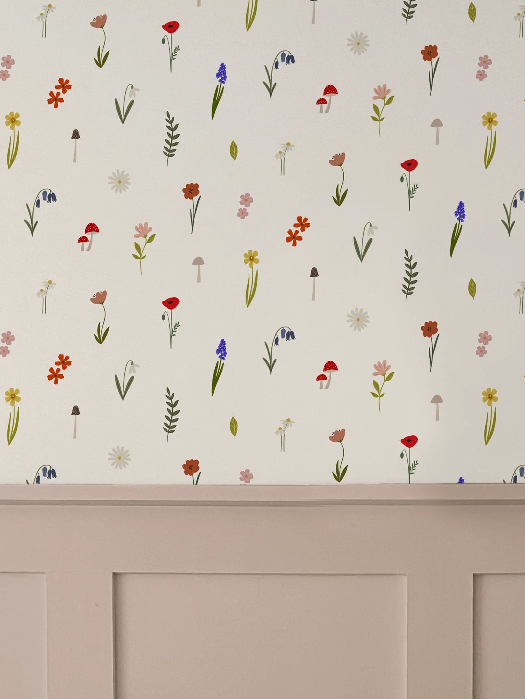 Forest Flower Luxury Children's Wallpaper above dusty pink wall panelling