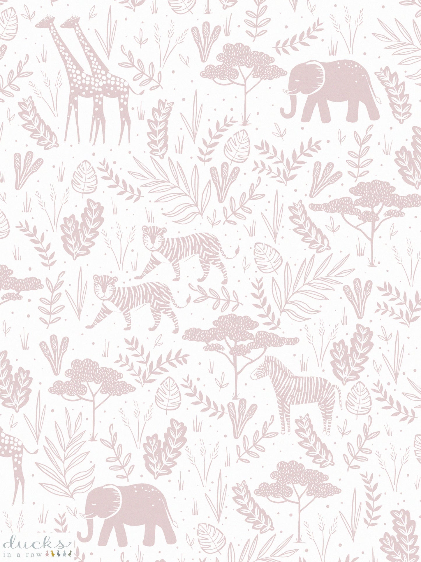 Ducks In A Row Wild Safari Wallpaper Kids Print featuring elephants, tigers, zebras, lions, giraffes and more