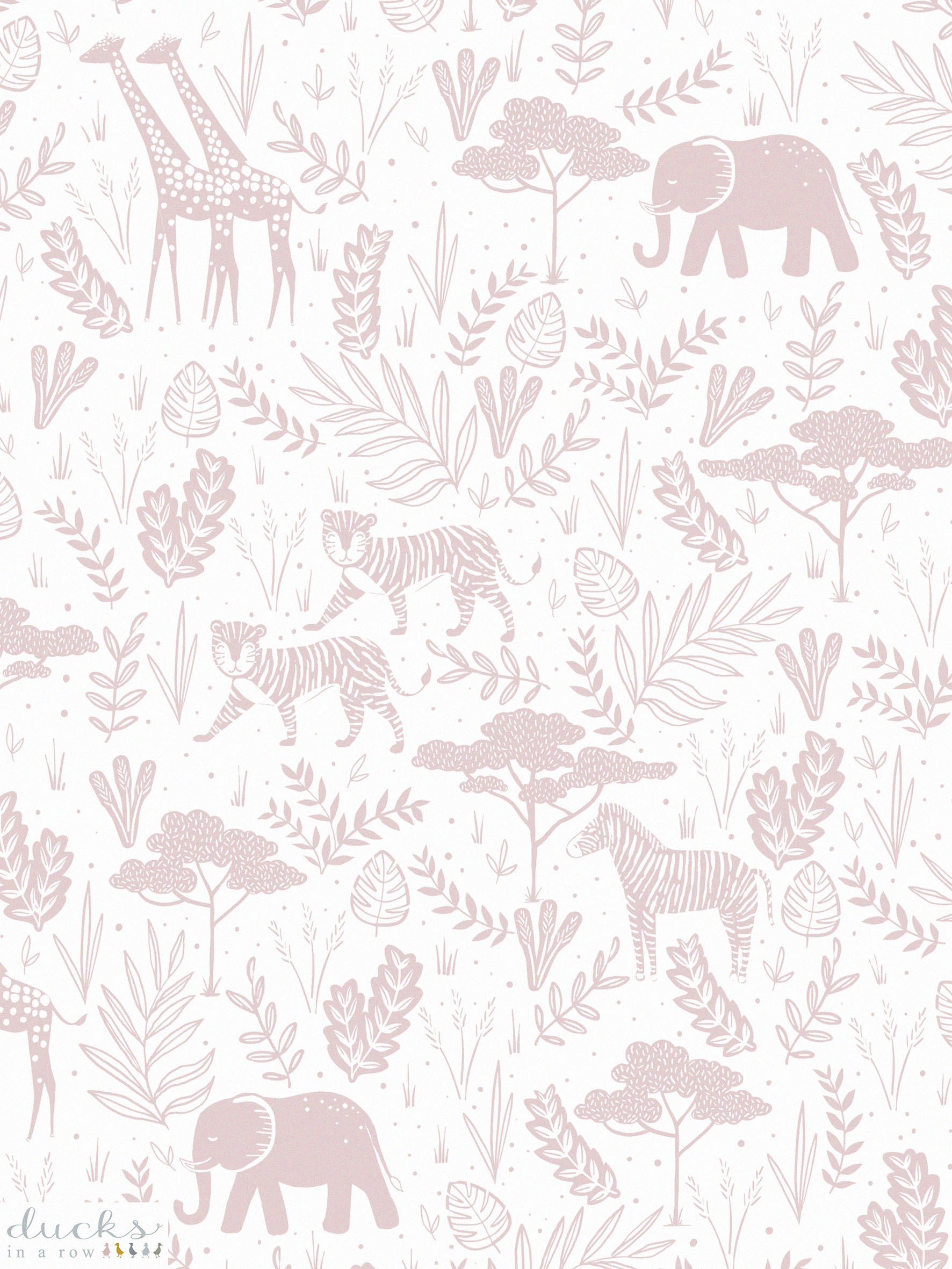 Ducks In A Row Wild Safari Wallpaper Kids Print featuring elephants, tigers, zebras, lions, giraffes and more