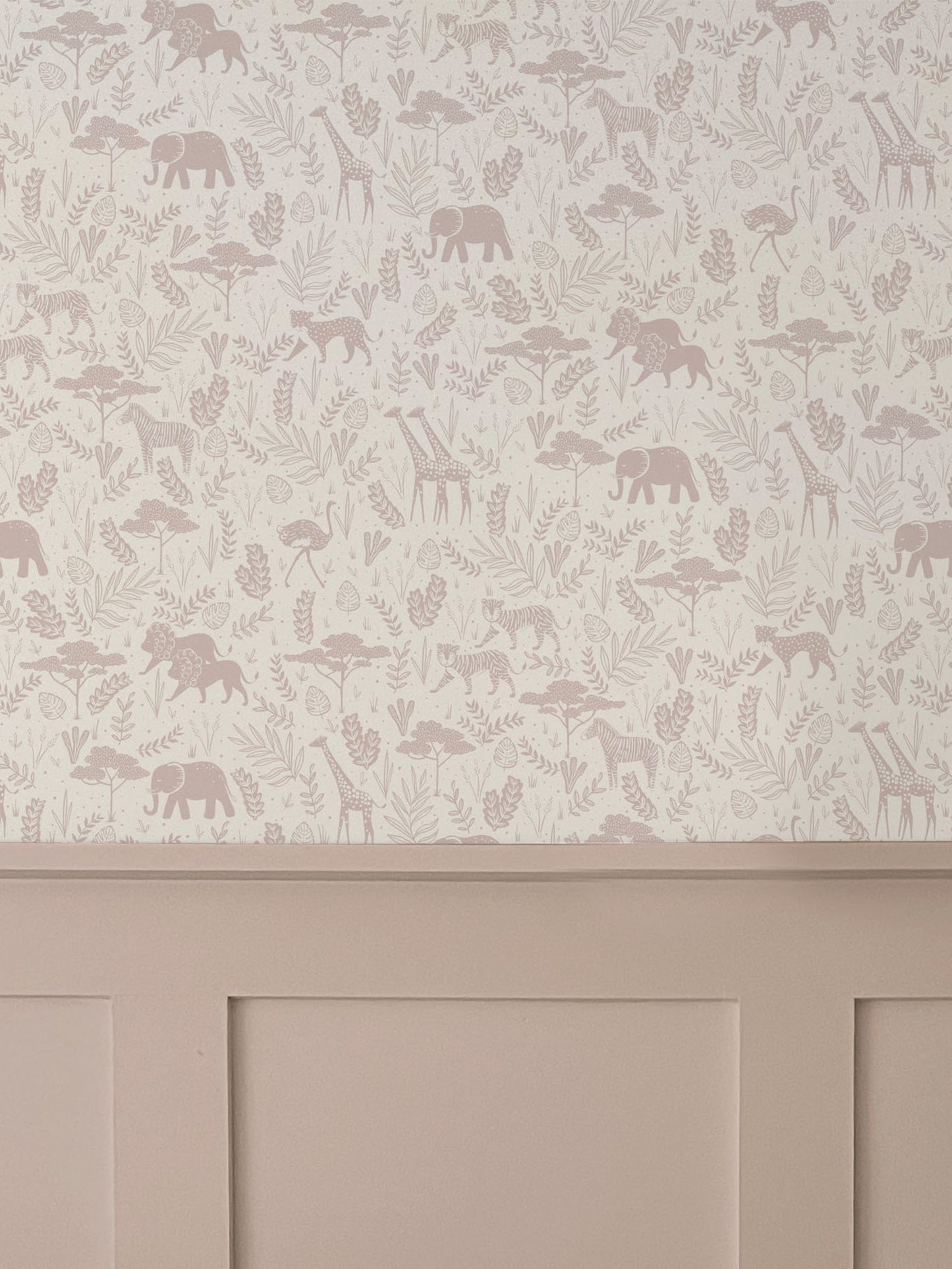 Duck In A Row Kids Wild Safari Wallpaper in Dusty Pink Colourway above dusty pink wall panelling