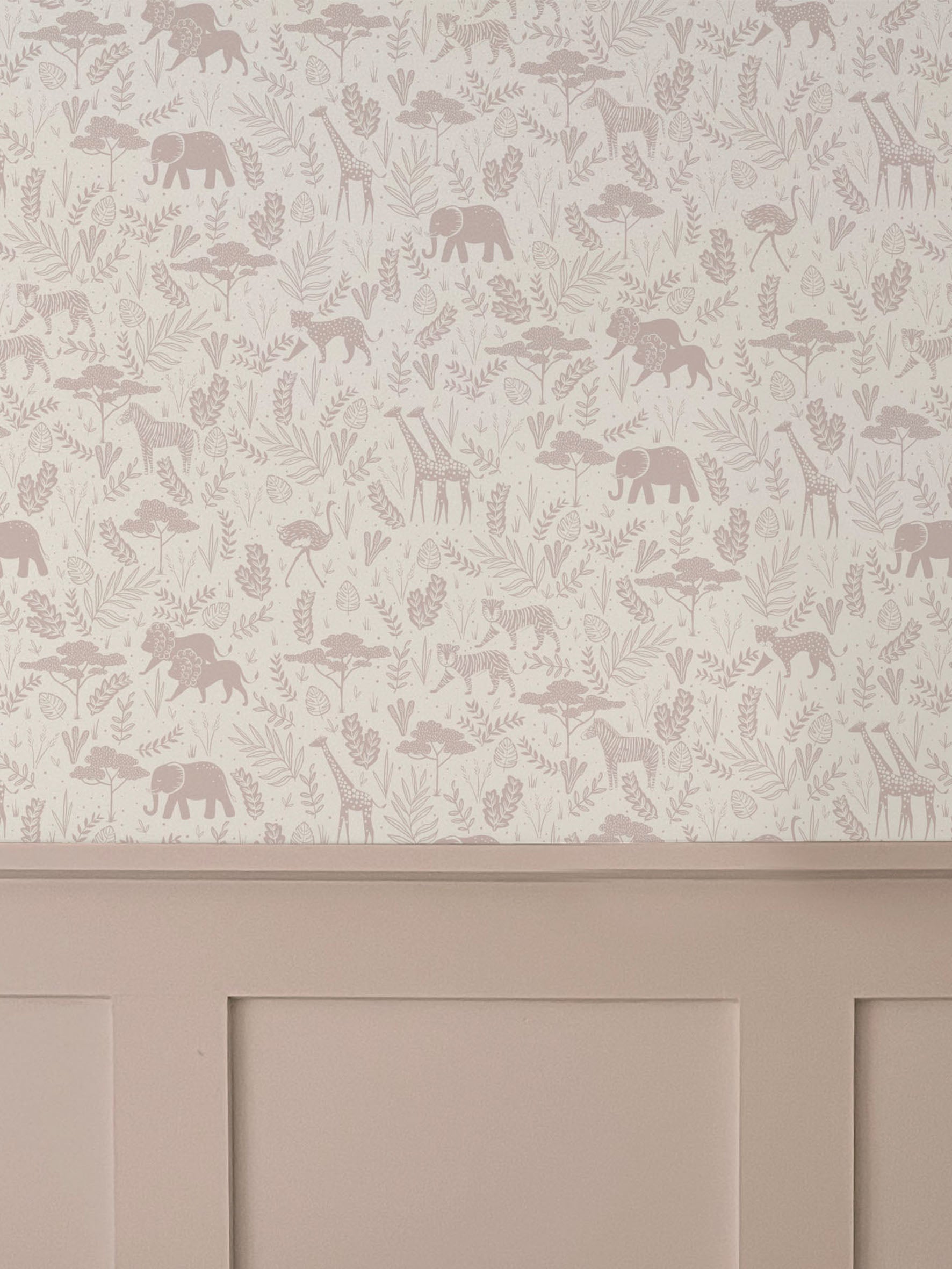 Duck In A Row Kids Wild Safari Wallpaper in Dusty Pink Colourway above dusty pink wall panelling